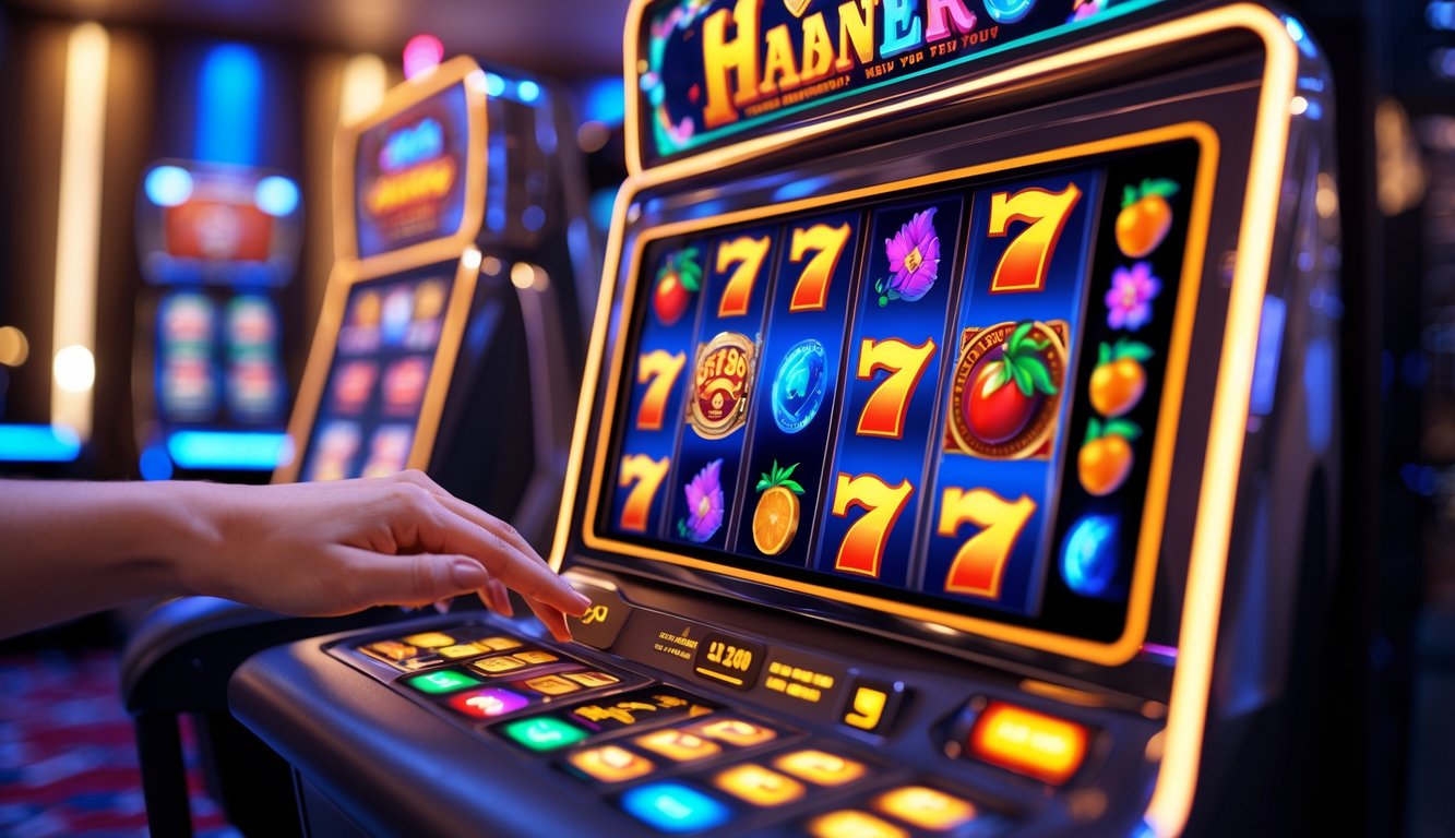 Layar mesin slot digital dengan simbol warna-warni dan latar kasino modern yang terang.