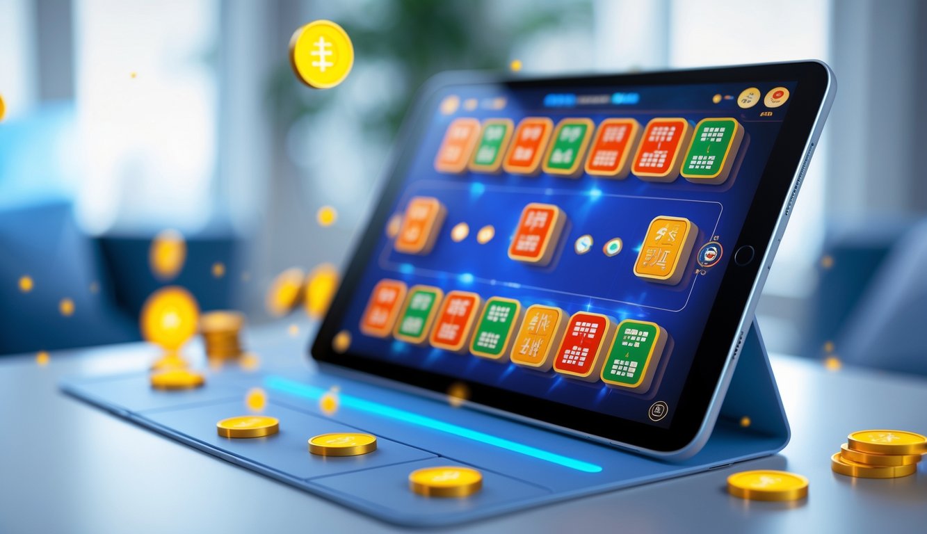 Tampilan perangkat digital dengan permainan Mahjong yang menampilkan ubin berwarna-warni dalam suasana bermain game online yang menarik.