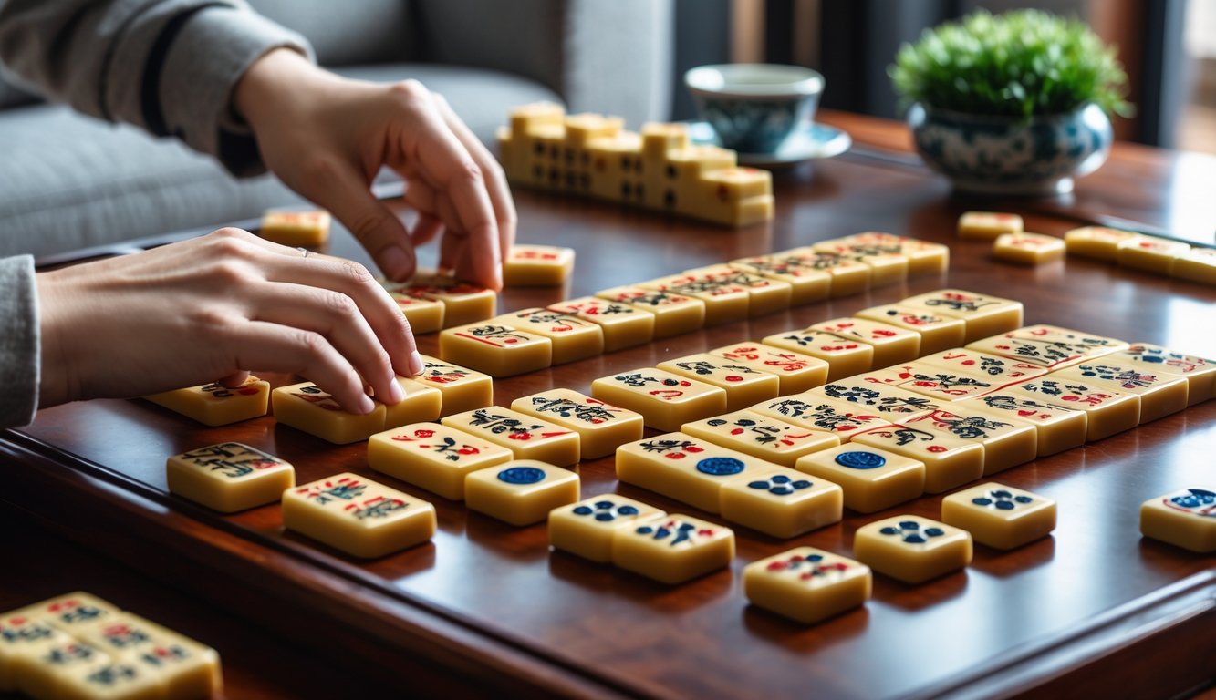 Pemandangan dekat permainan Mahjong dengan ubin yang tertata rapi di atas meja kayu dan tangan yang sedang bermain.