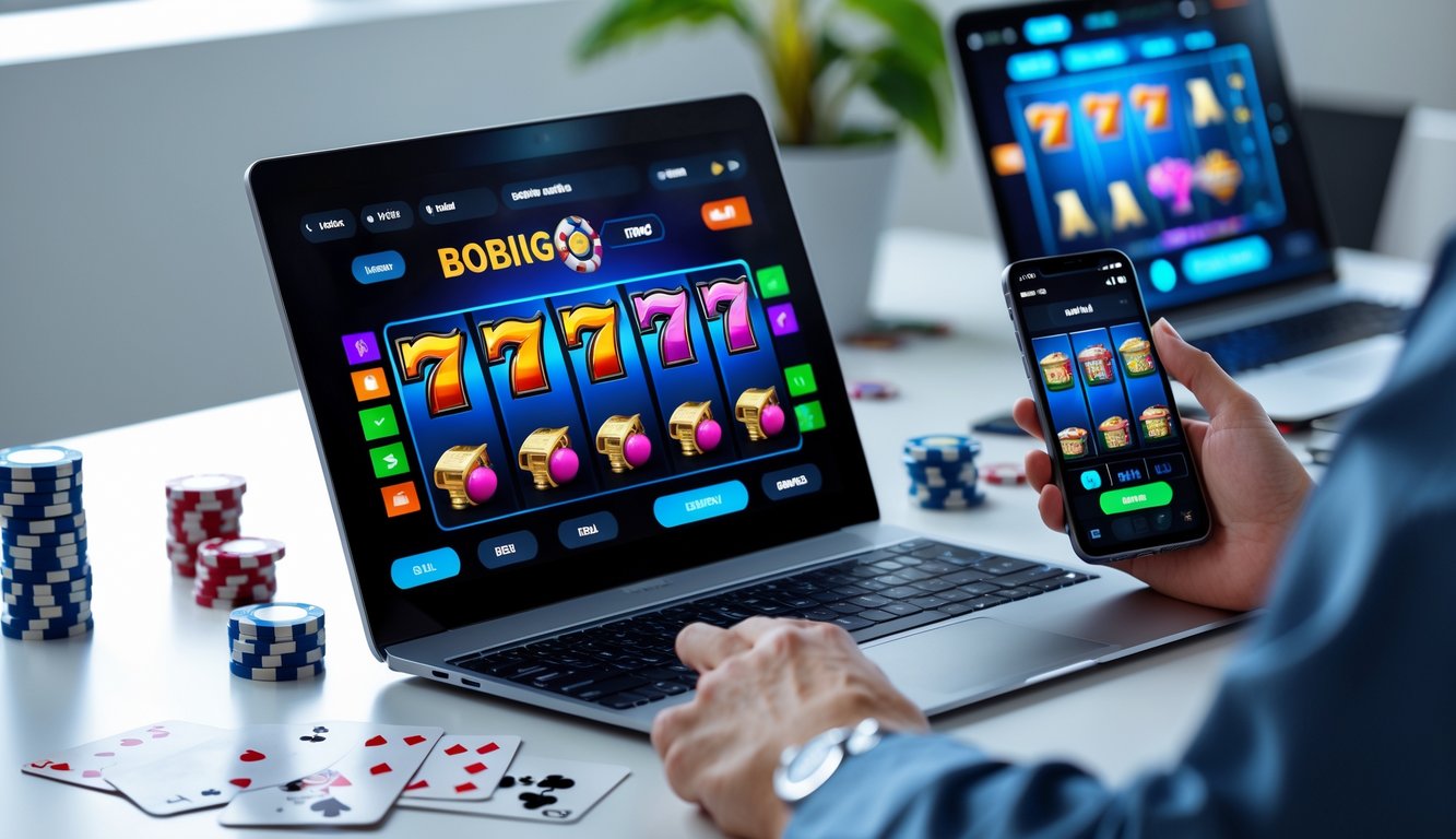 Meja kerja modern dengan laptop dan ponsel yang menampilkan permainan slot online, tangan sedang berinteraksi dengan perangkat.