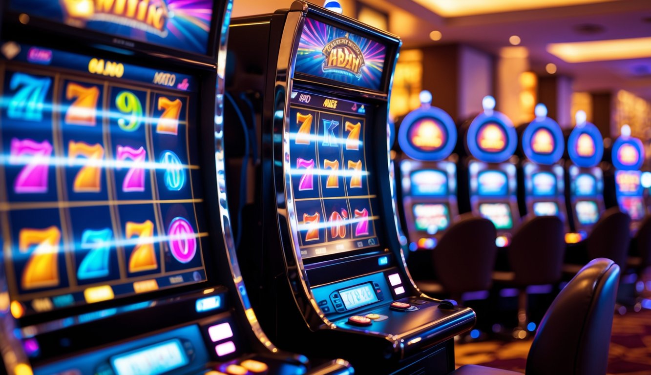 Interior kasino modern dengan mesin slot berwarna-warni yang sedang berputar di layar.
