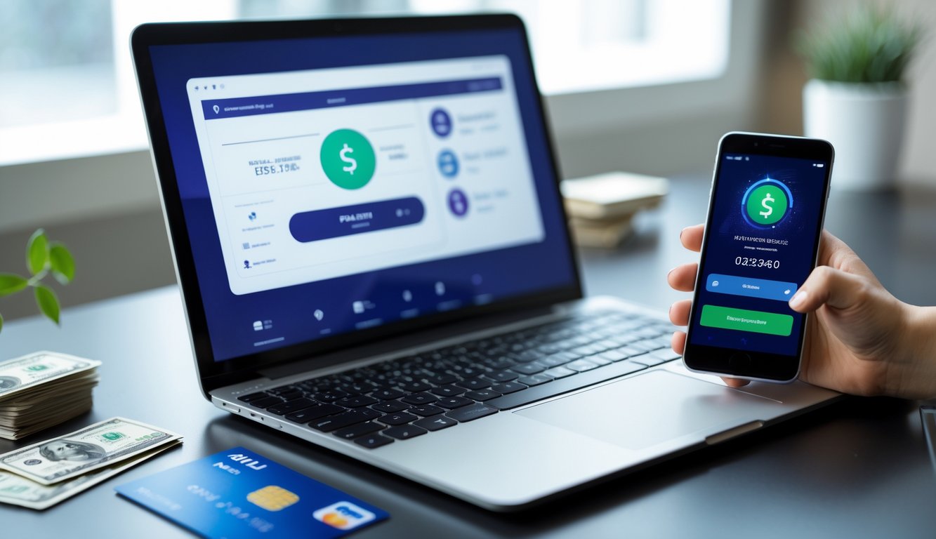 Seorang pengguna bekerja dengan laptop dan ponsel di meja, menunjukkan aktivitas transaksi keuangan digital.