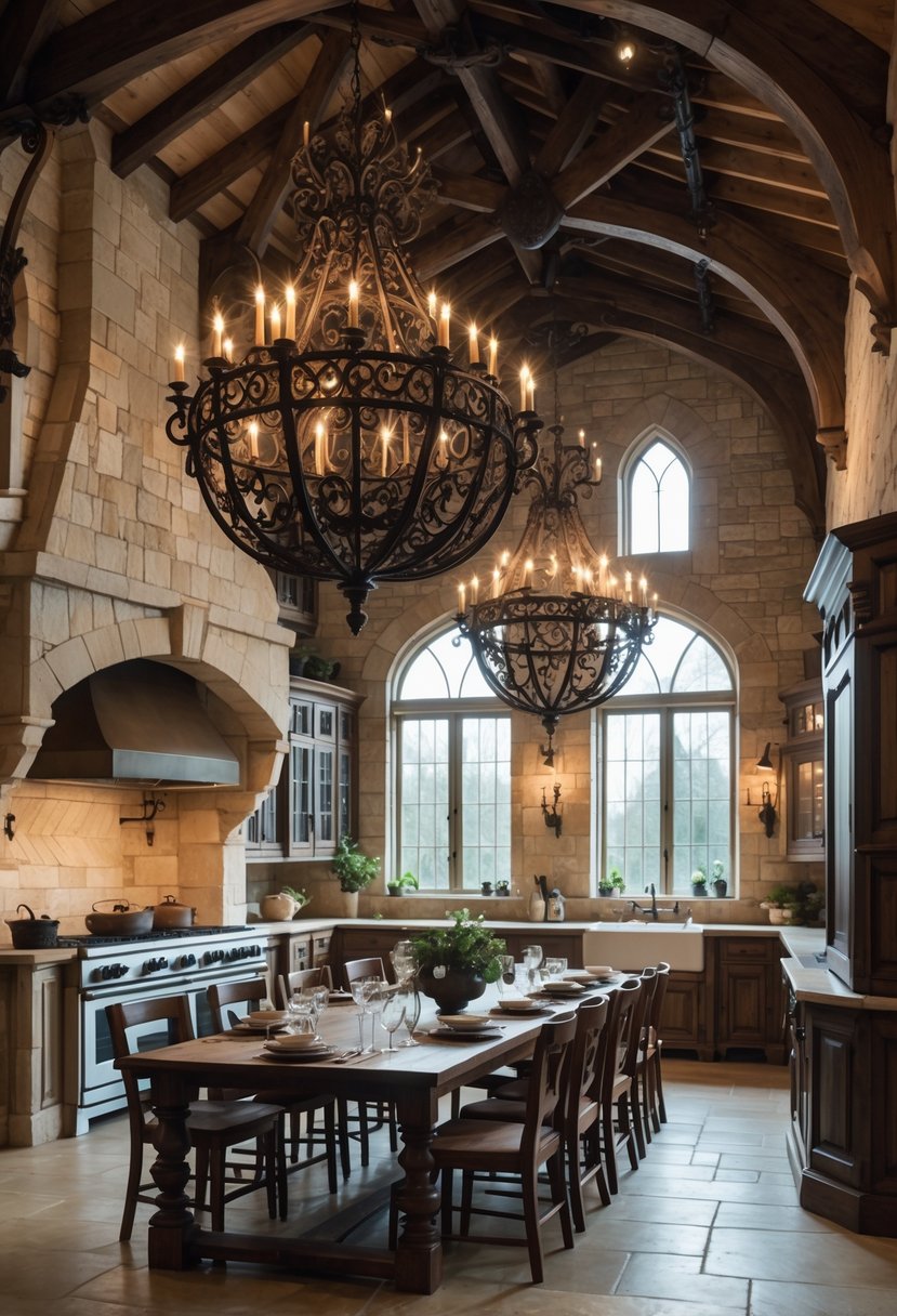 Castlecore Kitchen and Dining Room Inspiration: 22 Ideas for Timeless Elegance 4 A spacious kitchen and dining room with stone walls, a long wooden dining table, and large wrought iron chandeliers hanging from the ceiling.