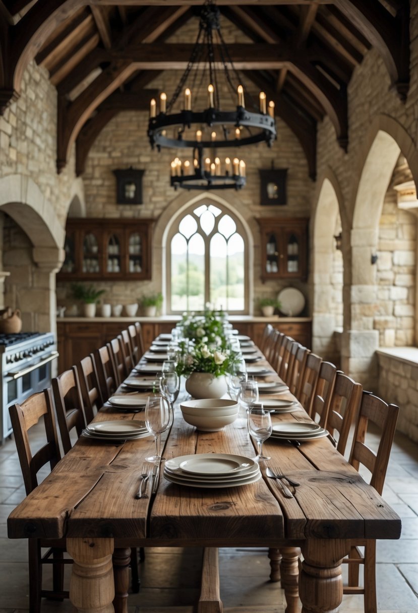 Castlecore Kitchen and Dining Room Inspiration: 22 Ideas for Timeless Elegance 5 A long wooden banquet table in a castle-like kitchen and dining room with stone walls, arched windows, and wooden chairs.
