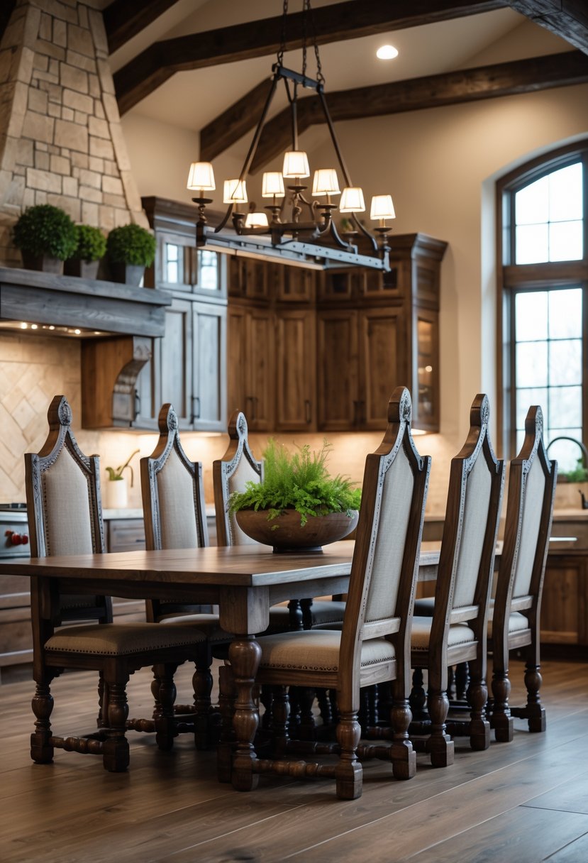 Castlecore Kitchen and Dining Room Inspiration: 22 Ideas for Timeless Elegance 6 A dining room with high-backed wooden chairs around a large table, illuminated by natural light from tall windows.