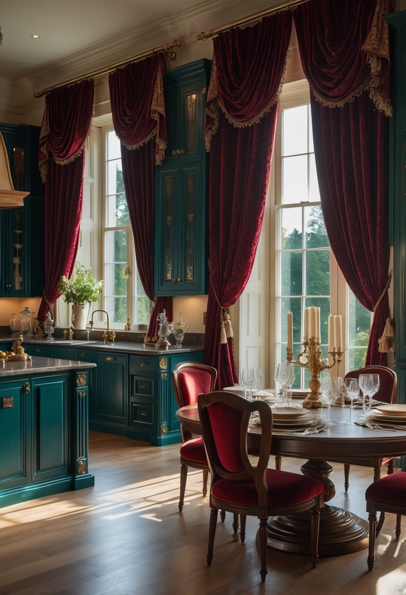 Castlecore Kitchen and Dining Room Inspiration: 22 Ideas for Timeless Elegance 7 A spacious kitchen and dining room with large windows covered by heavy velvet curtains, a wooden dining table set with dishes, and classic kitchen cabinets.