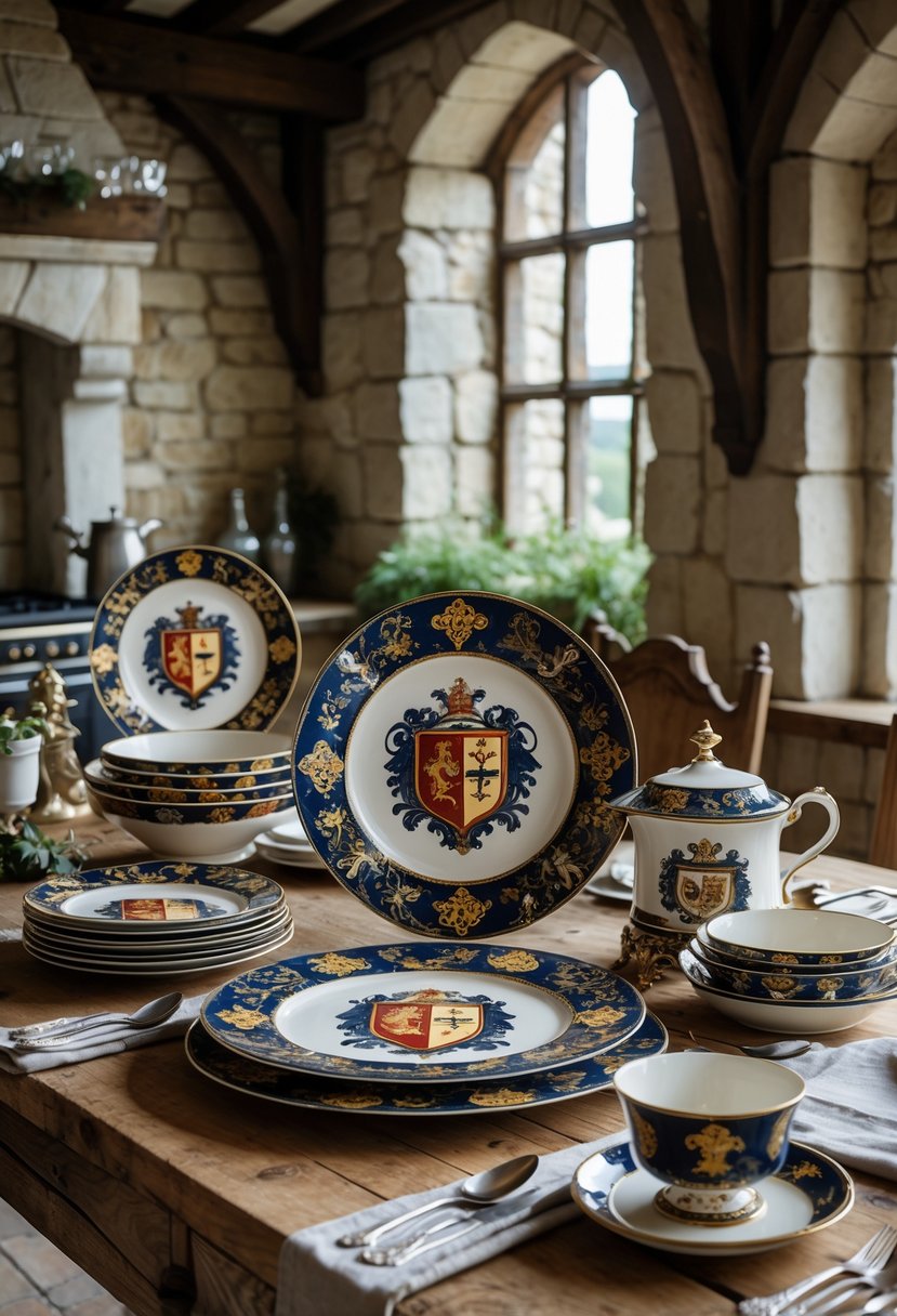 Castlecore Kitchen and Dining Room Inspiration: 22 Ideas for Timeless Elegance 9 A dining table with ornate ceramic dishware decorated with heraldic designs, set in a kitchen and dining room with stone walls and wooden beams.