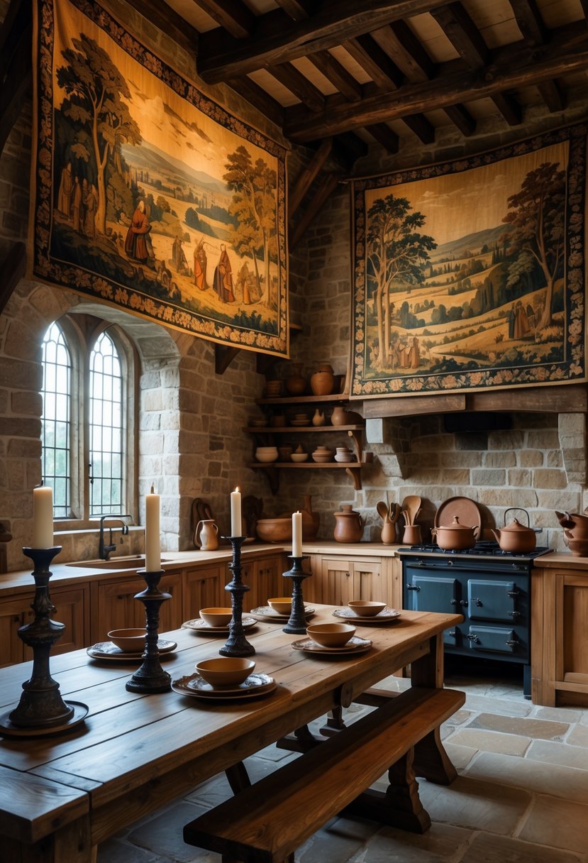 Castlecore Kitchen and Dining Room Inspiration: 22 Ideas for Timeless Elegance 10 A kitchen and dining room with stone walls decorated with medieval tapestries, a wooden table with vintage dishes, and a large hearth.