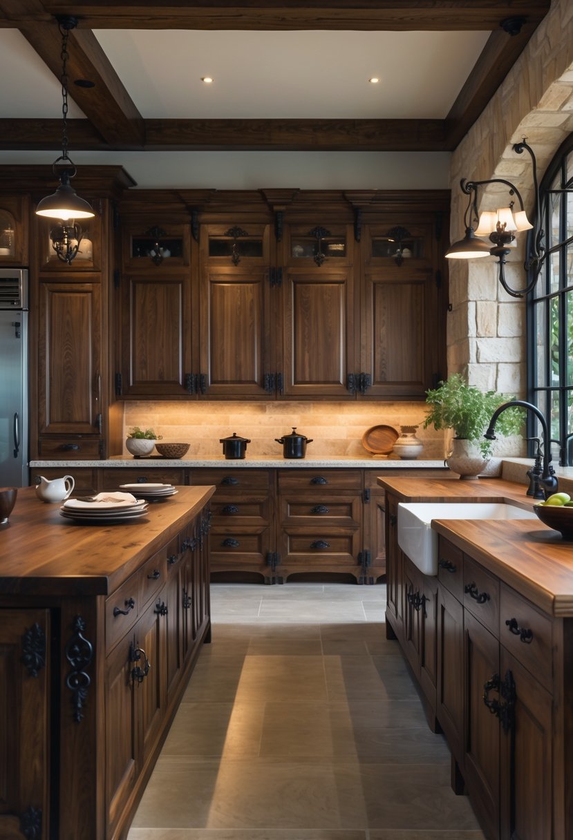 Castlecore Kitchen and Dining Room Inspiration: 22 Ideas for Timeless Elegance 11 A kitchen and dining room with dark wood cabinets and iron hardware, featuring a wooden dining table and soft natural lighting.