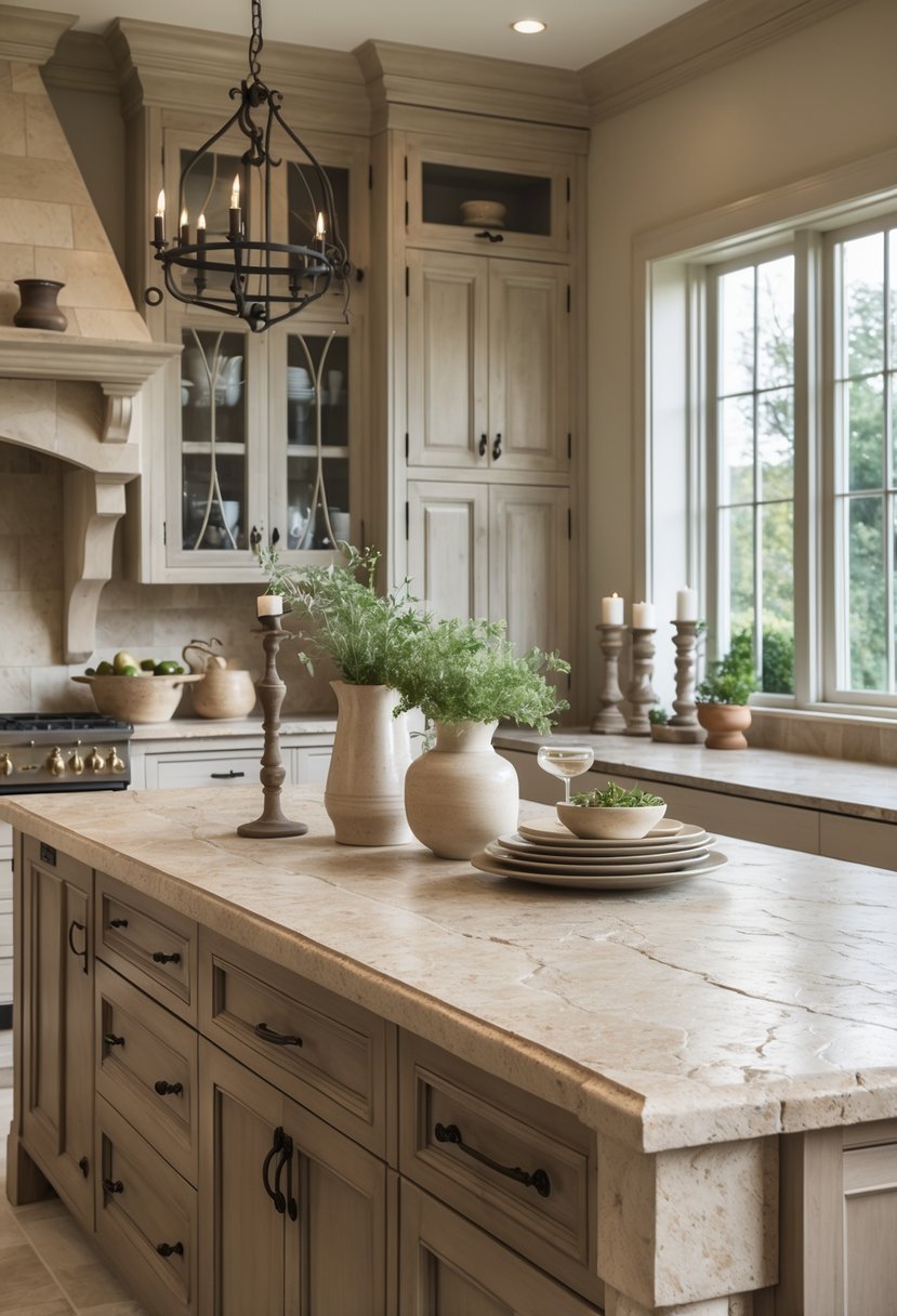Castlecore Kitchen and Dining Room Inspiration: 22 Ideas for Timeless Elegance 13 A kitchen and dining room with stone countertops, wooden cabinets, a dining table set with dinnerware, and natural light coming through windows.