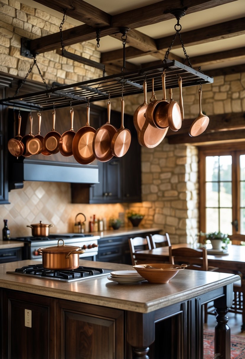 Castlecore Kitchen and Dining Room Inspiration: 22 Ideas for Timeless Elegance 14 A kitchen and dining room with wrought iron pot racks holding copper pots and pans, wooden cabinets, stone countertops, and a wooden dining table.