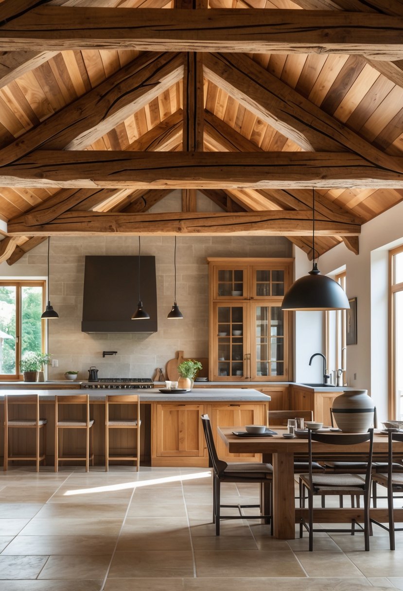 Castlecore Kitchen and Dining Room Inspiration: 22 Ideas for Timeless Elegance 15 A kitchen and dining room with decorative wooden ceiling beams, a wooden dining table, and modern kitchen furnishings.
