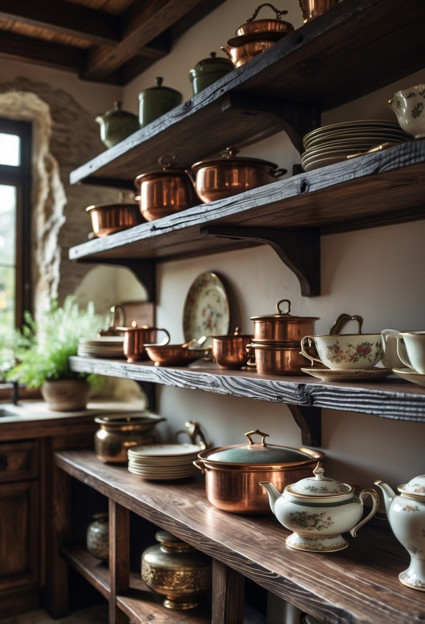 Castlecore Kitchen and Dining Room Inspiration: 22 Ideas for Timeless Elegance 17 Open wooden shelves displaying antique kitchenware including ceramic plates, copper pots, glass jars, and porcelain teacups in a kitchen setting.