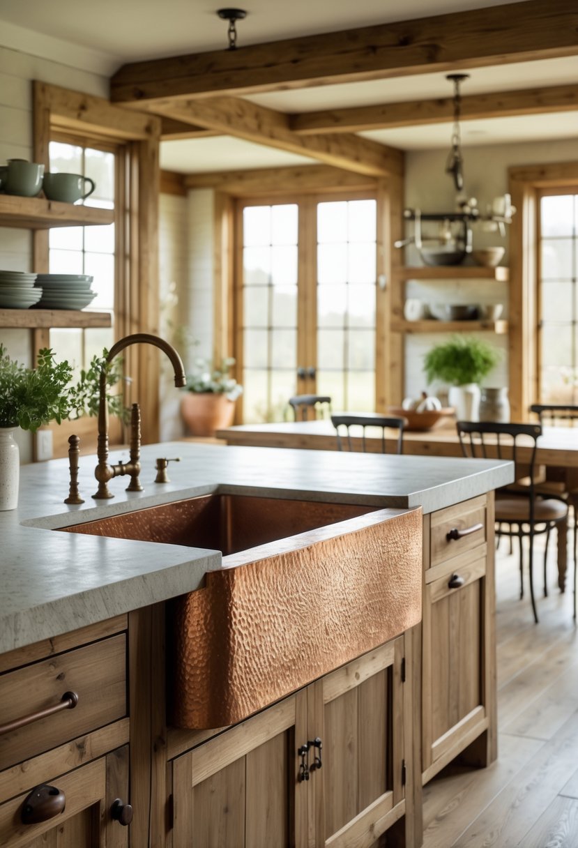 Castlecore Kitchen and Dining Room Inspiration: 22 Ideas for Timeless Elegance 18 A large farmhouse sink made of copper or stone in a kitchen with wooden cabinets and a dining table in the background.