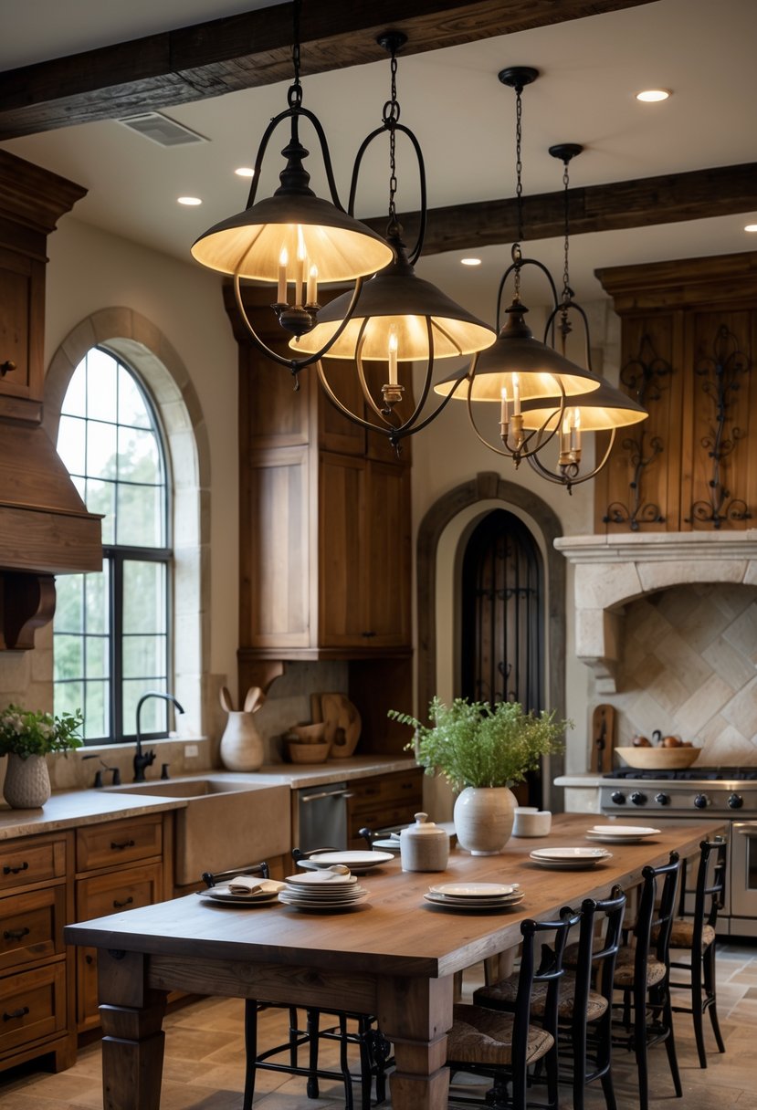 Castlecore Kitchen and Dining Room Inspiration: 22 Ideas for Timeless Elegance 19 A kitchen and dining room with iron and brass pendant lights hanging above a wooden dining table surrounded by chairs.