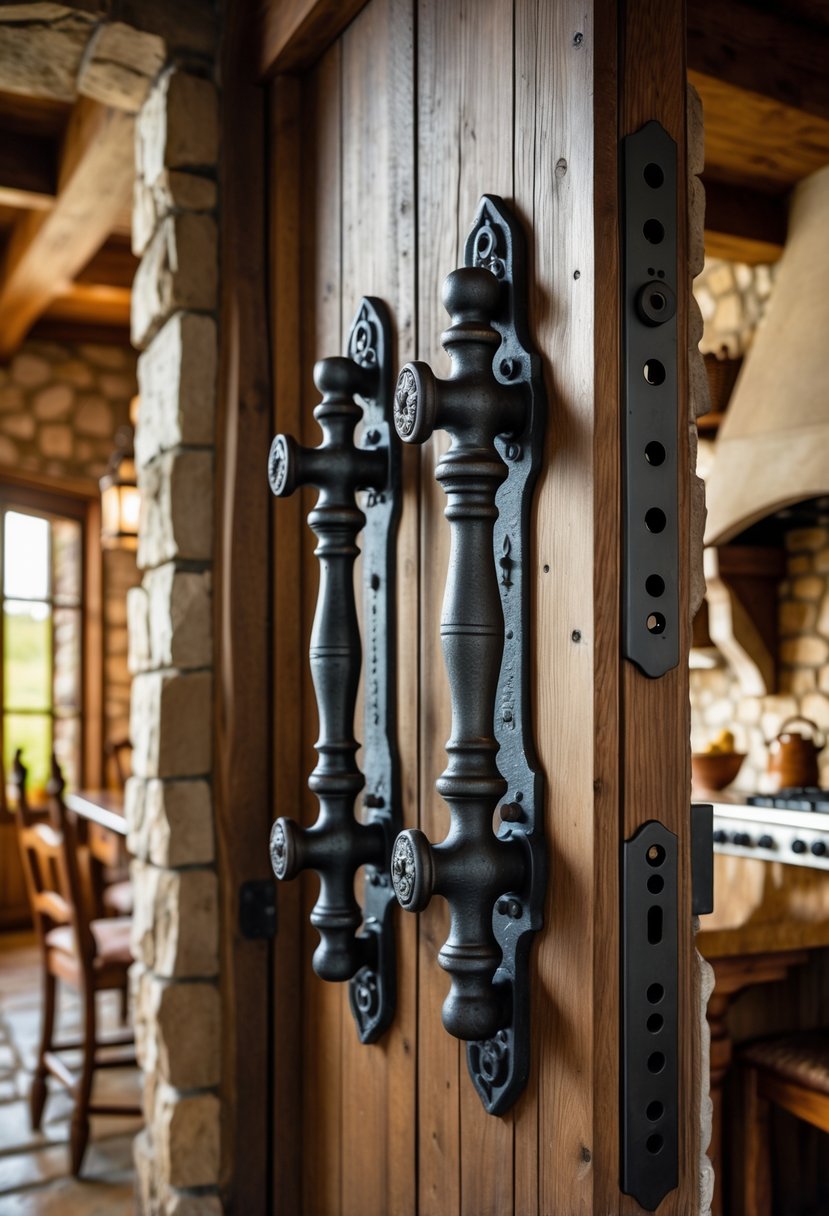 Castlecore Kitchen and Dining Room Inspiration: 22 Ideas for Timeless Elegance 20 Close-up of hand-forged iron door handles on a wooden door with a kitchen and dining room visible in the background.