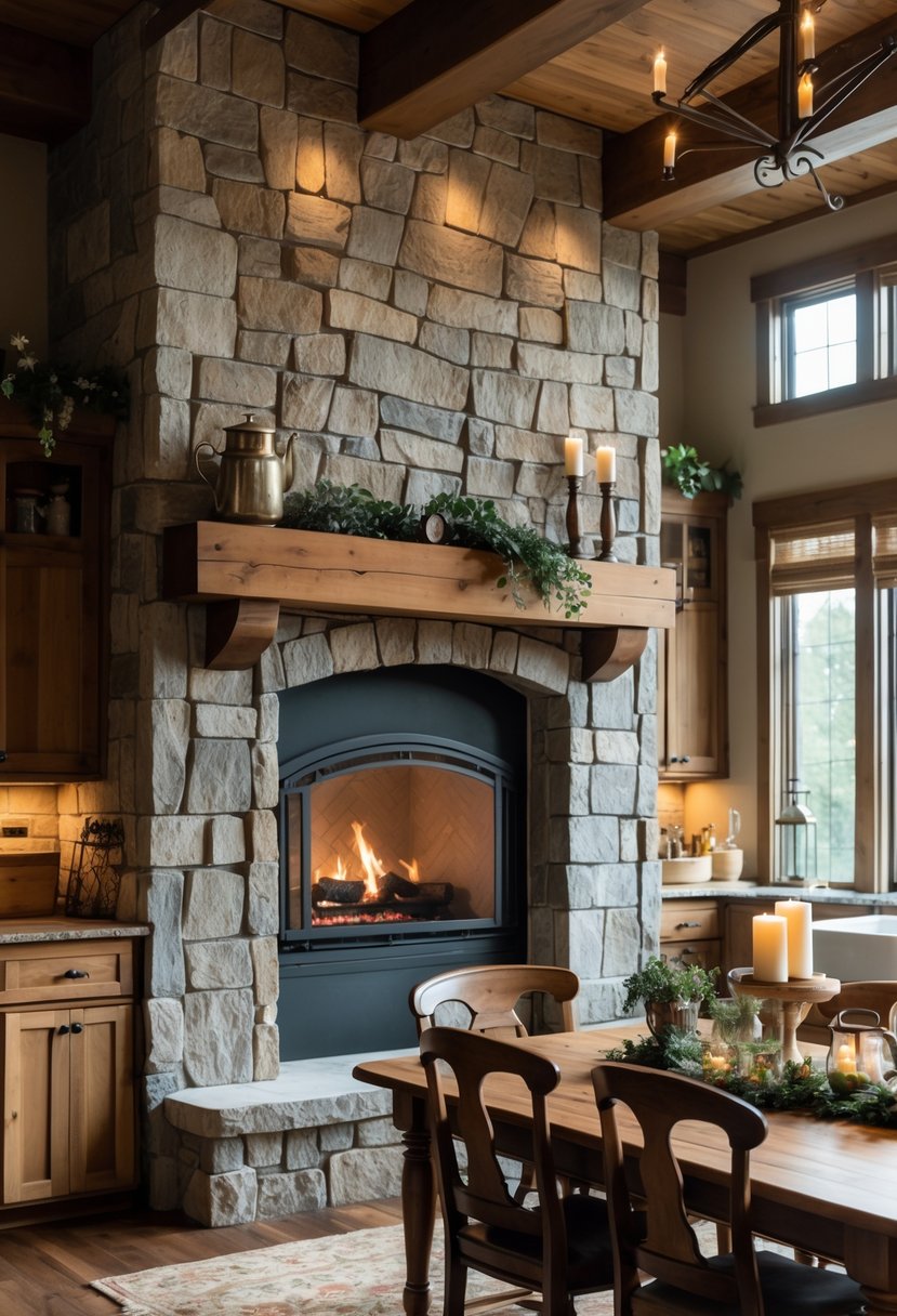 Castlecore Kitchen and Dining Room Inspiration: 22 Ideas for Timeless Elegance 22 A kitchen and dining room with a large stone fireplace, wooden cabinets, and a dining table with chairs.