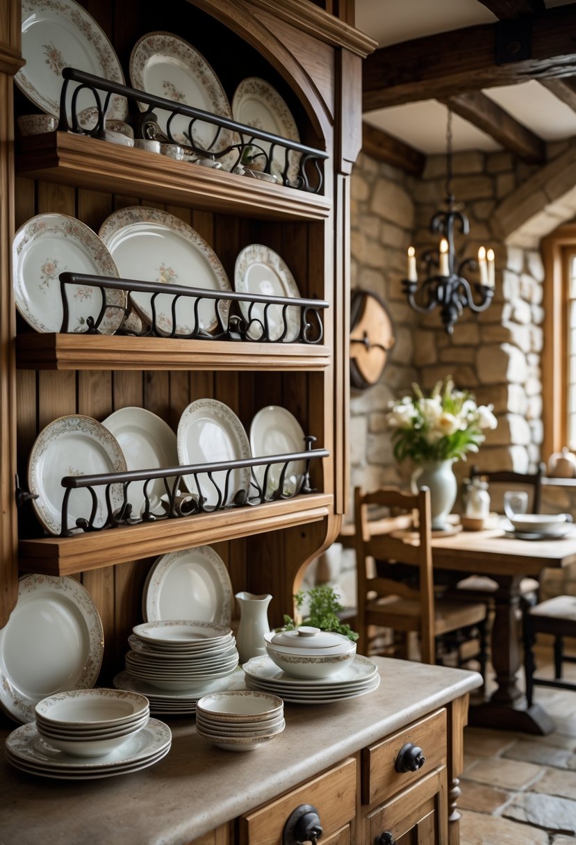 Castlecore Kitchen and Dining Room Inspiration: 22 Ideas for Timeless Elegance 23 A kitchen and dining room with decorative plate racks holding ceramic plates, wooden cabinets, a dining table with tableware, and soft natural light.