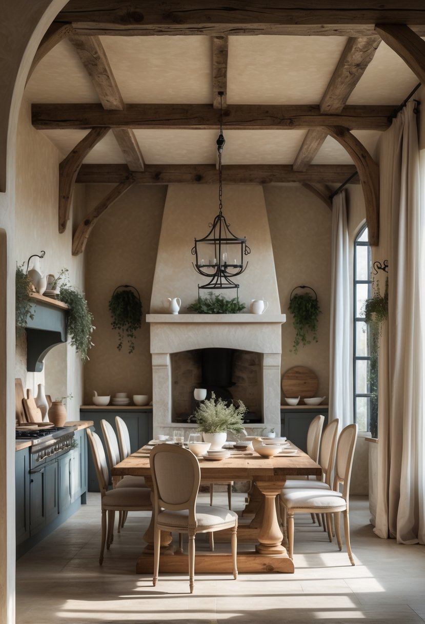 Castlecore Kitchen and Dining Room Inspiration: 22 Ideas for Timeless Elegance 24 A kitchen and dining room with textured plaster walls, a wooden dining table, vintage chairs, and natural light coming through tall windows.