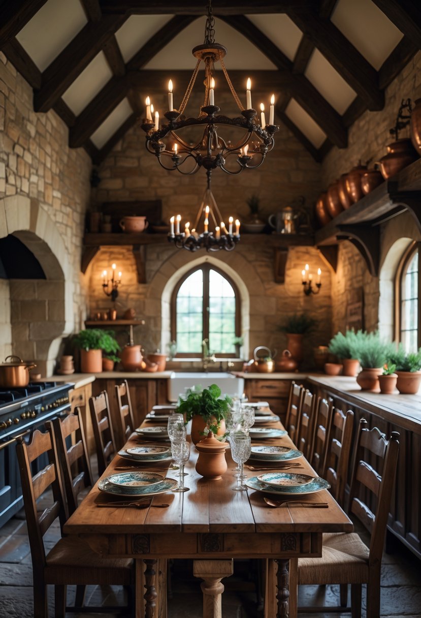 Castlecore Kitchen and Dining Room Inspiration: 22 Ideas for Timeless Elegance 25 A spacious kitchen and dining room with wooden beams, stone walls, a long wooden table set for a meal, and warm lighting.
