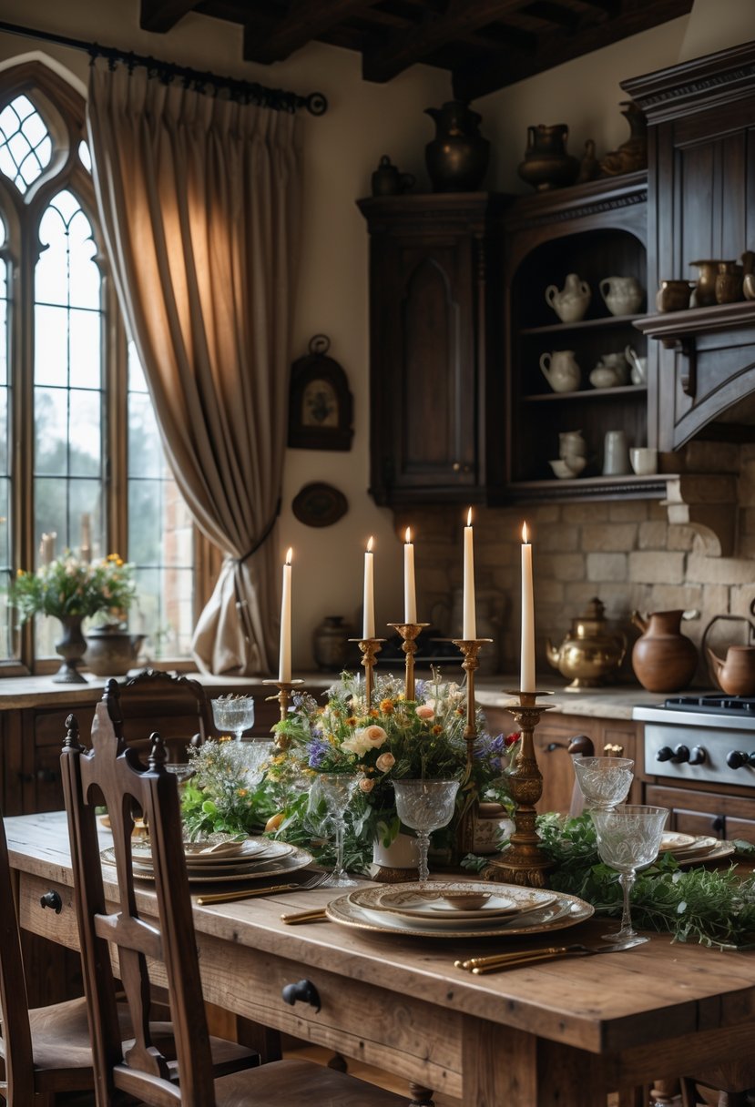 Castlecore Kitchen and Dining Room Inspiration: 22 Ideas for Timeless Elegance 26 A cozy kitchen and dining area with a wooden table set with vintage dishes, candlesticks, wildflowers, and carved wooden chairs, illuminated by natural light from leaded glass windows.