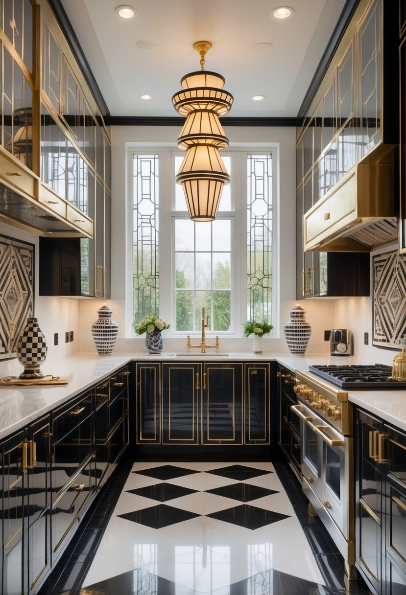 Art Deco Revival Kitchen Décor: 23 Stylish Ideas for a Modern Update 2 A bright kitchen with glossy cabinets, a central island, tiled floor, and elegant lighting fixtures.