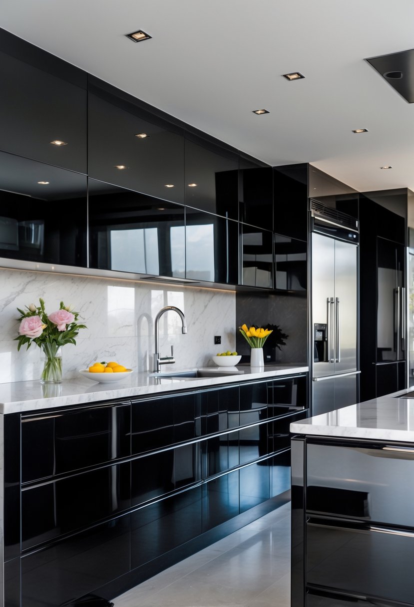 Art Deco Revival Kitchen Décor: 23 Stylish Ideas for a Modern Update 3 A modern kitchen with glossy black cabinets, polished chrome fixtures, and a clean countertop with decorative items.