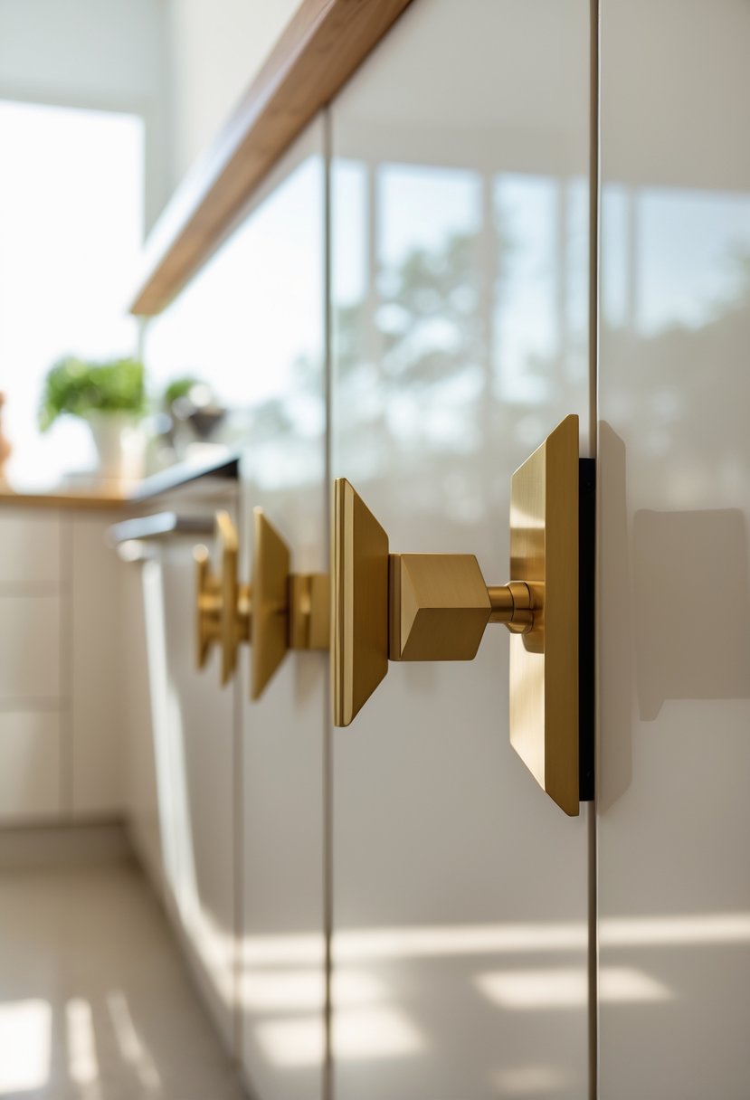 Art Deco Revival Kitchen Décor: 23 Stylish Ideas for a Modern Update 4 Close-up of brass geometric cabinet handles on kitchen cabinet doors in a bright kitchen.