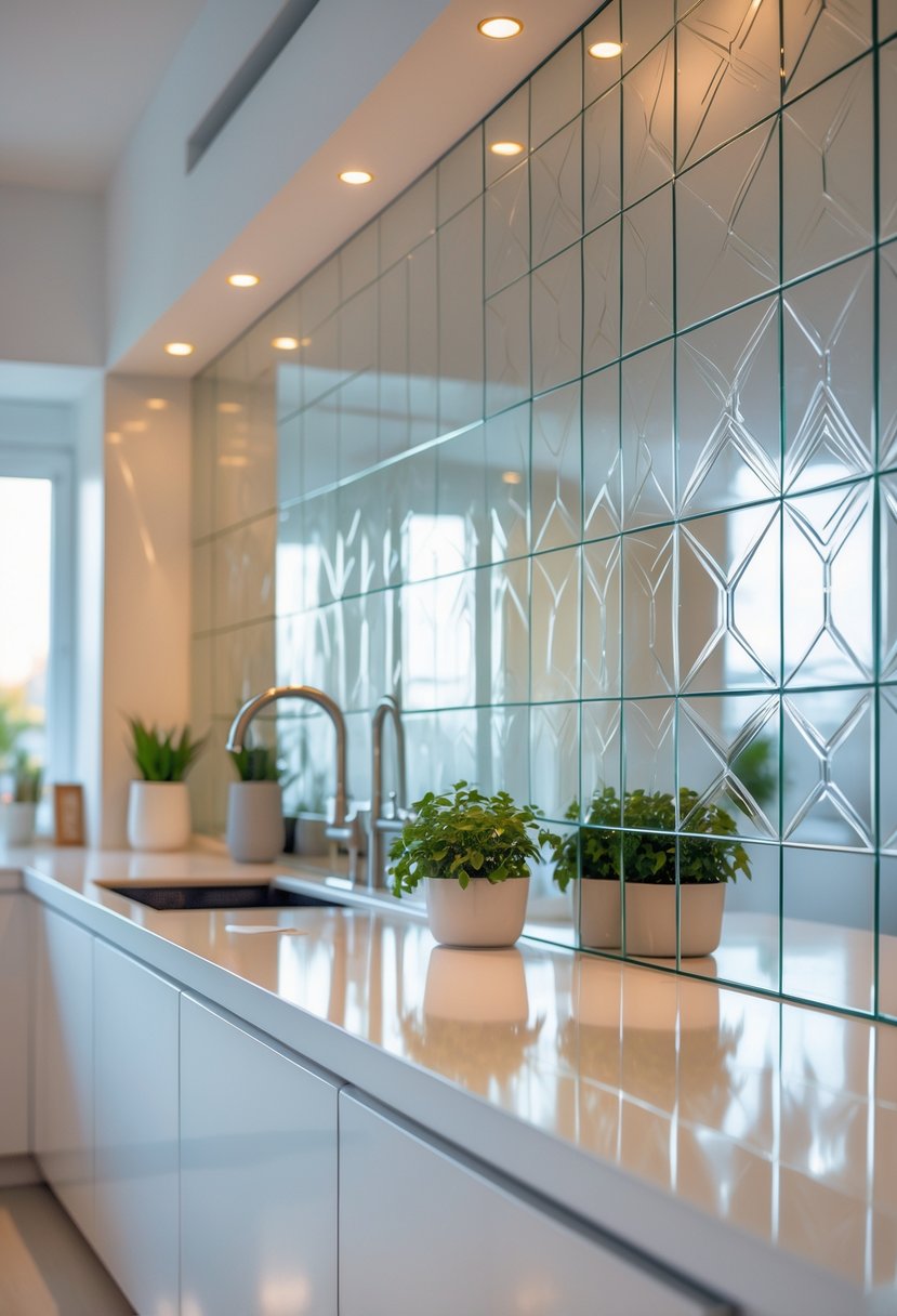 Art Deco Revival Kitchen Décor: 23 Stylish Ideas for a Modern Update 5 A modern kitchen with a mirrored backsplash featuring detailed etched patterns, a clean countertop, and soft natural lighting.