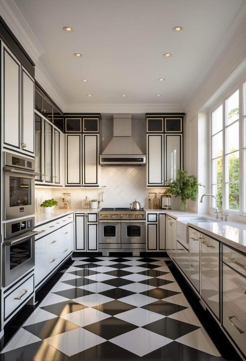 Art Deco Revival Kitchen Décor: 23 Stylish Ideas for a Modern Update 6 A kitchen with black and white checkerboard floor tiles, cabinets, countertops, and a stove under natural light.