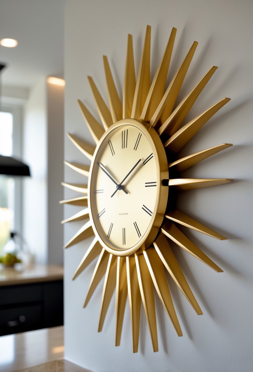 Art Deco Revival Kitchen Décor: 23 Stylish Ideas for a Modern Update 7 A gold sunburst wall clock hanging on a kitchen wall with a modern kitchen background.