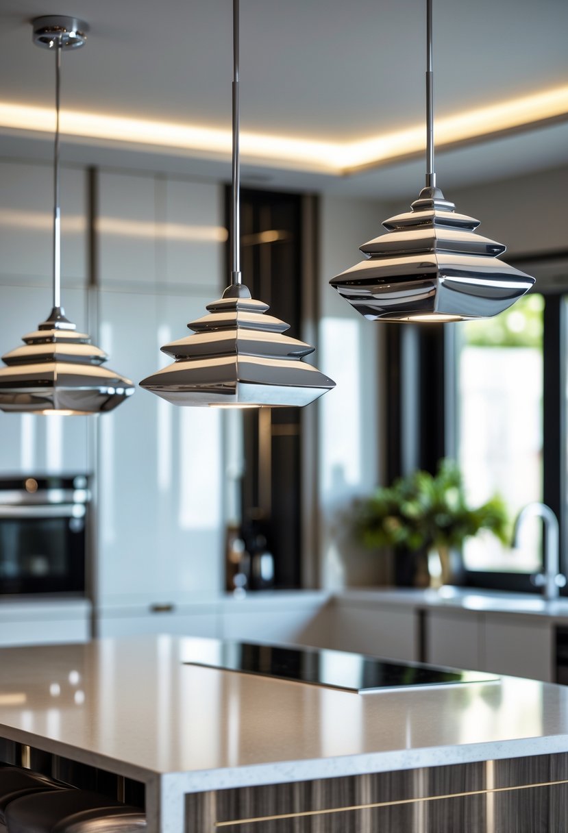 Art Deco Revival Kitchen Décor: 23 Stylish Ideas for a Modern Update 8 A modern kitchen with chrome pendant lights hanging above a kitchen island.