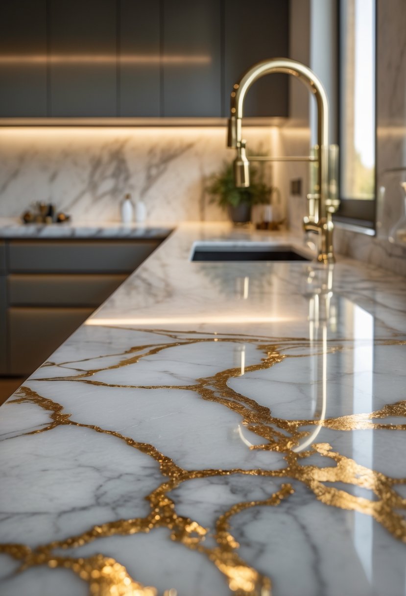 Art Deco Revival Kitchen Décor: 23 Stylish Ideas for a Modern Update 10 A marble countertop with gold veining in a modern kitchen setting.