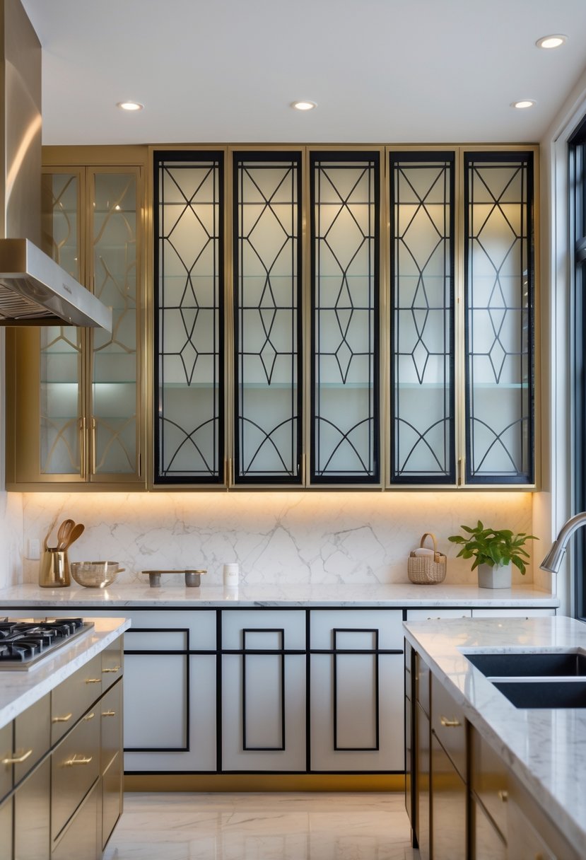 Art Deco Revival Kitchen Décor: 23 Stylish Ideas for a Modern Update 11 A bright kitchen with glass cabinet doors featuring geometric patterns, marble countertops, and stainless steel appliances.