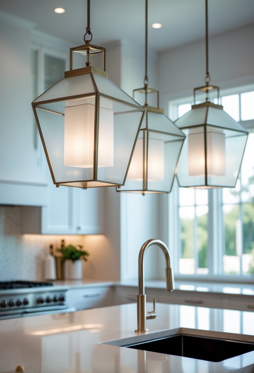 Art Deco Revival Kitchen Décor: 23 Stylish Ideas for a Modern Update 13 A modern kitchen with frosted glass pendant lamps hanging above a kitchen island, featuring clean lines and bright natural light.