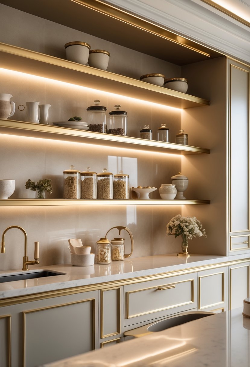 Art Deco Revival Kitchen Décor: 23 Stylish Ideas for a Modern Update 14 An elegant kitchen interior with open gold-trimmed shelves displaying kitchenware and decorative items.