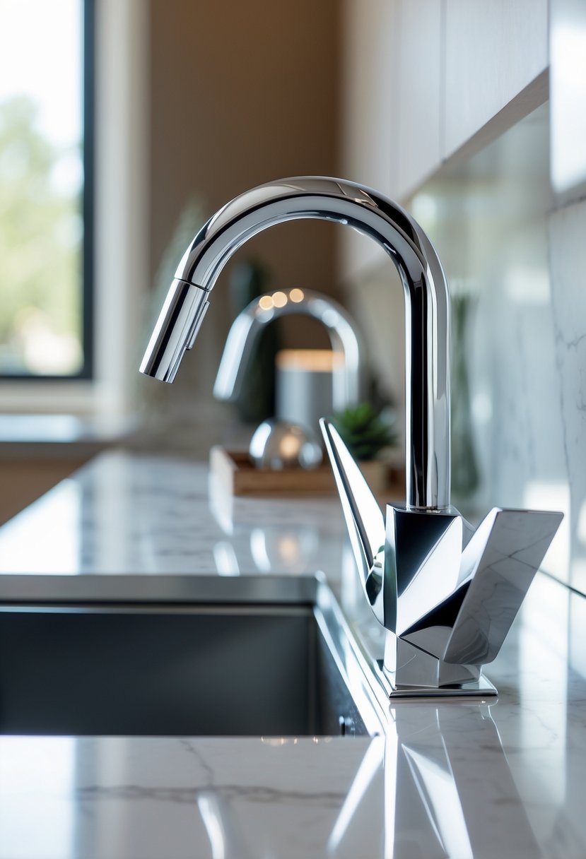 Art Deco Revival Kitchen Décor: 23 Stylish Ideas for a Modern Update 15 A shiny chrome faucet with angular design installed on a kitchen sink with a clean countertop background.