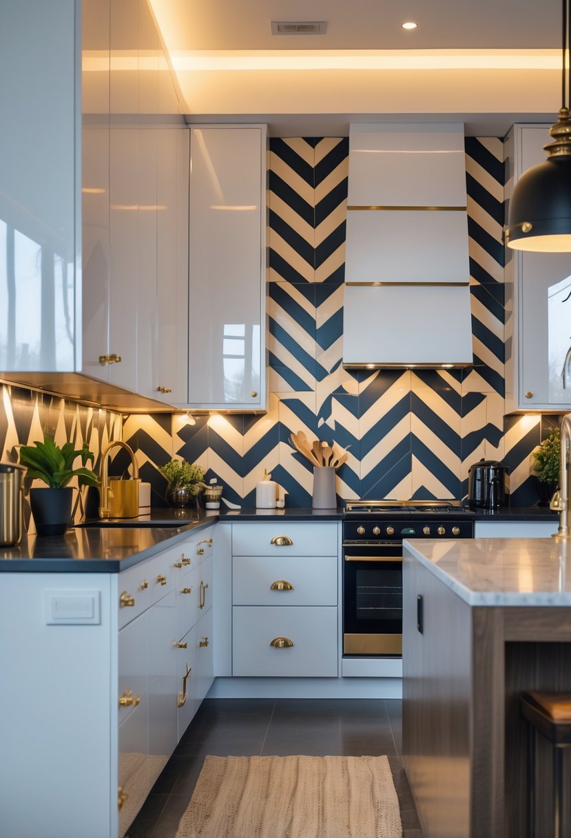Art Deco Revival Kitchen Décor: 23 Stylish Ideas for a Modern Update 16 A modern kitchen with chevron patterned tile backsplash, white cabinets, marble countertops, and stainless steel appliances.