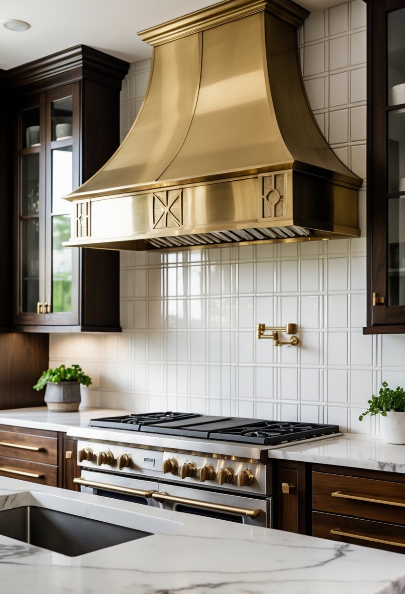 Art Deco Revival Kitchen Décor: 23 Stylish Ideas for a Modern Update 17 A kitchen with a brass range hood above a stovetop, dark wood cabinets, and a white marble countertop.