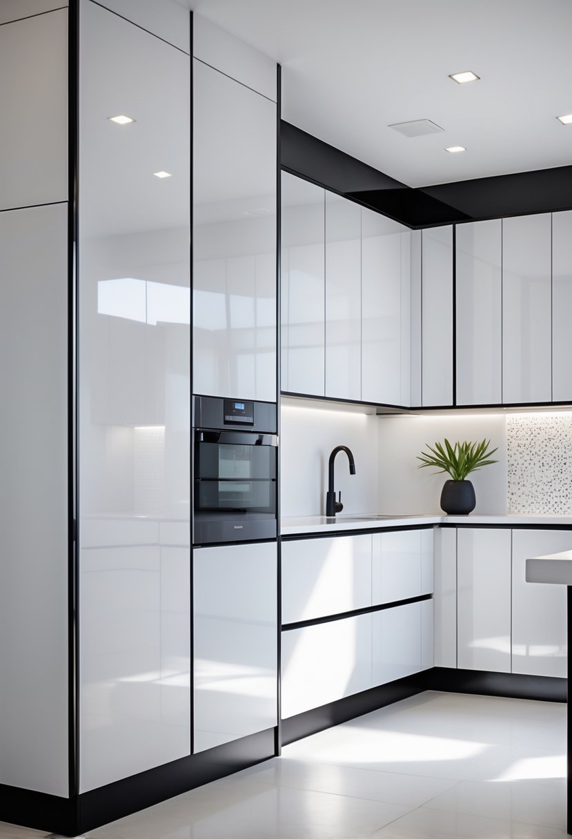 Art Deco Revival Kitchen Décor: 23 Stylish Ideas for a Modern Update 18 A bright kitchen with shiny white cabinets trimmed in black and a light countertop.