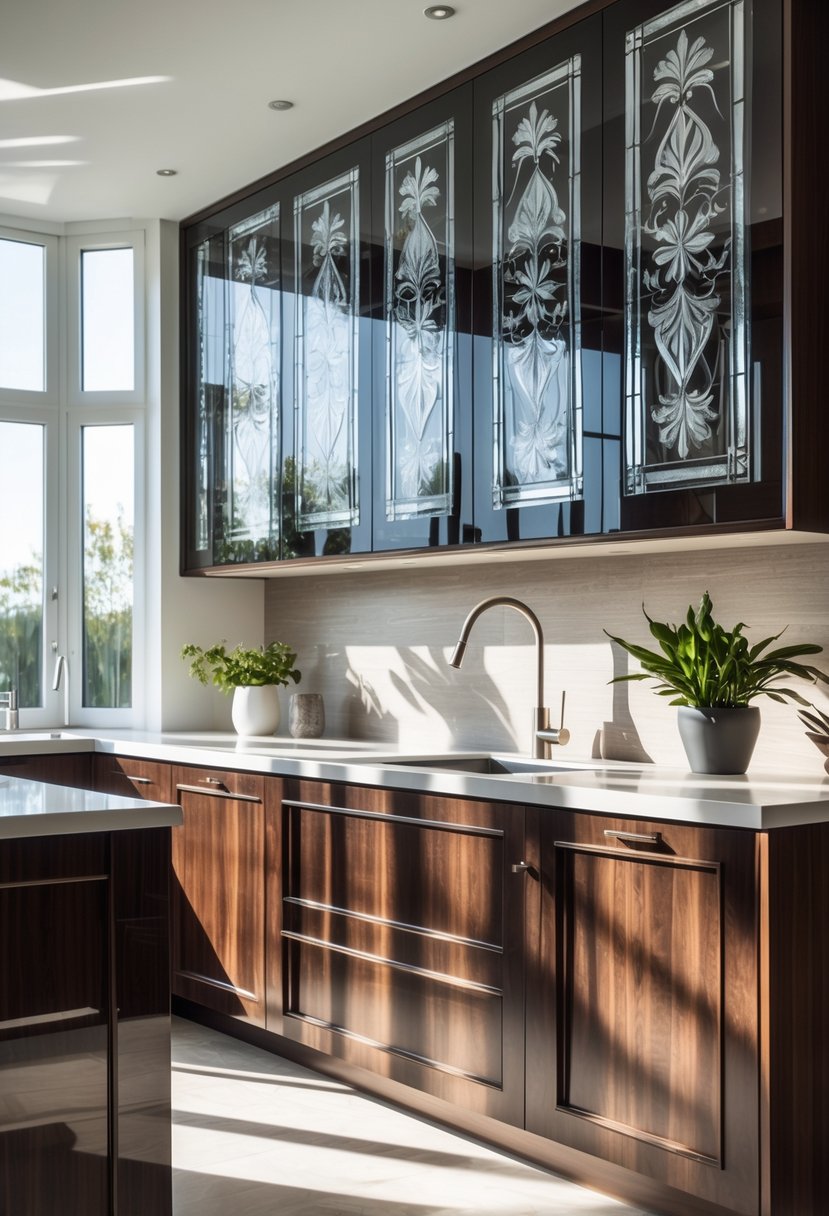 Art Deco Revival Kitchen Décor: 23 Stylish Ideas for a Modern Update 19 A modern kitchen with dark wood cabinets featuring decorative etched glass inserts, a clean countertop, and natural light coming through large windows.