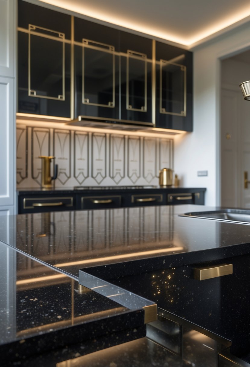 Art Deco Revival Kitchen Décor: 23 Stylish Ideas for a Modern Update 20 A modern kitchen with black granite countertops featuring metallic flecks and elegant cabinetry with geometric patterns.