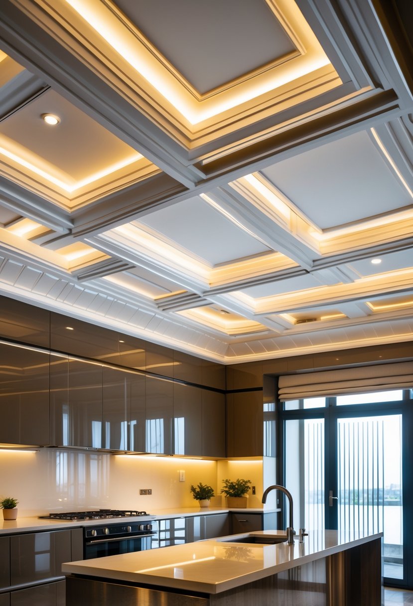 Art Deco Revival Kitchen Décor: 23 Stylish Ideas for a Modern Update 21 A bright kitchen interior with detailed layered ceiling moldings and modern cabinetry.