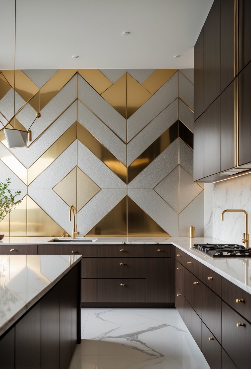 Art Deco Revival Kitchen Décor: 23 Stylish Ideas for a Modern Update 22 A modern kitchen with dark wood cabinets, marble countertops, and geometric patterned wallpaper with metallic accents.