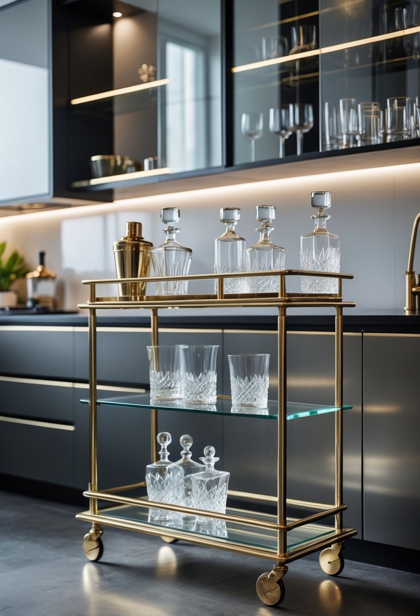 Art Deco Revival Kitchen Décor: 23 Stylish Ideas for a Modern Update 23 A brass and glass cocktail cart with glassware and decanters in a modern kitchen setting.