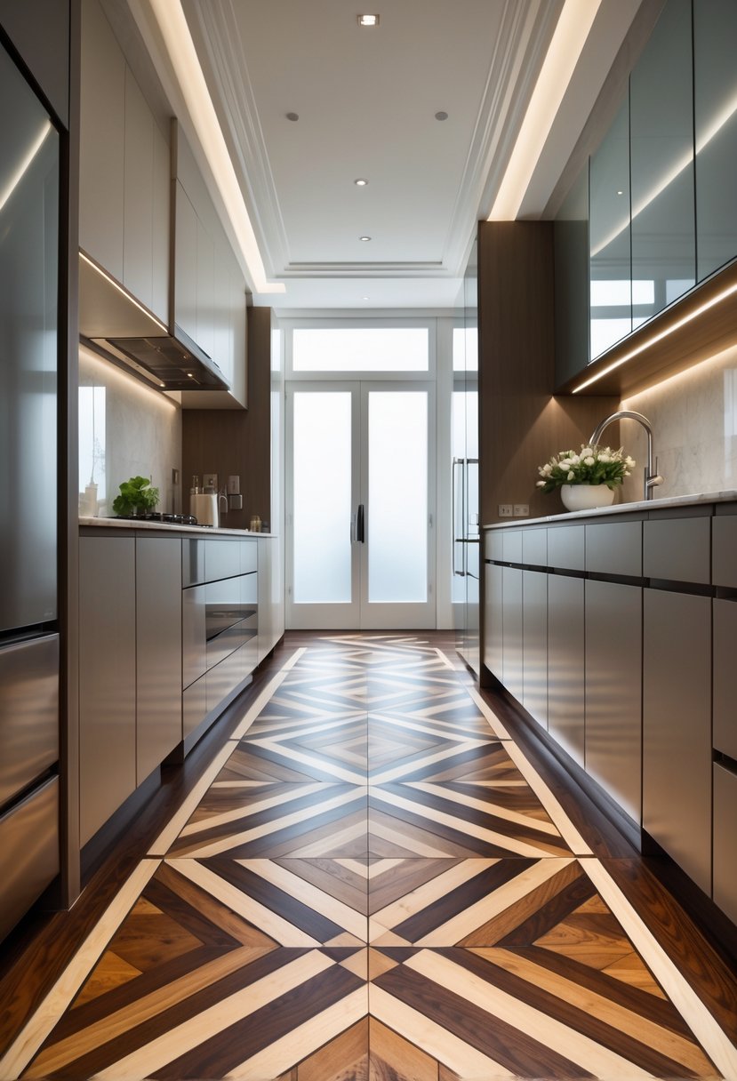 Art Deco Revival Kitchen Décor: 23 Stylish Ideas for a Modern Update 24 A kitchen with detailed geometric patterned wood flooring and modern cabinetry illuminated by natural light.