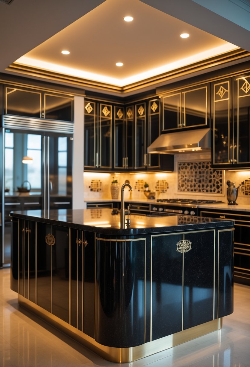 Art Deco Revival Kitchen Décor: 23 Stylish Ideas for a Modern Update 25 A modern kitchen with a large black granite island base and elegant decorative details.