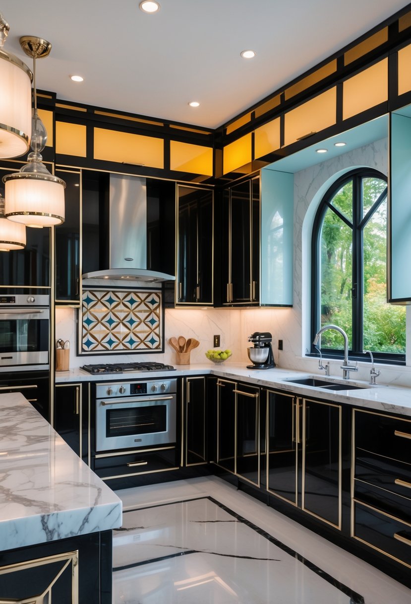 Art Deco Revival Kitchen Décor: 23 Stylish Ideas for a Modern Update 26 A bright, clean kitchen with black and gold cabinets, marble countertops, geometric tile backsplash, pendant lighting, and polished chrome appliances.