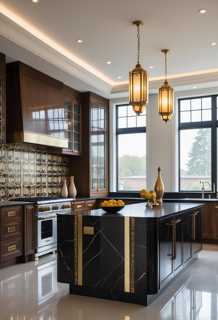 Art Deco Revival Kitchen Décor: 23 Stylish Ideas for a Modern Update 27 A bright modern kitchen with a large marble island, dark wood cabinets, and decorative lighting, featuring a clean and elegant design.