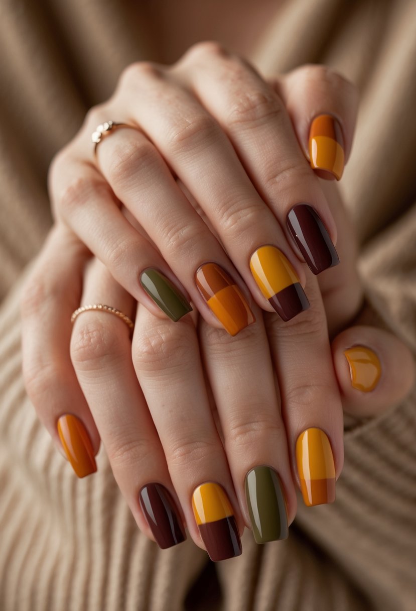 Close-up of hands with 18 nails painted in various fall colors using color block designs.